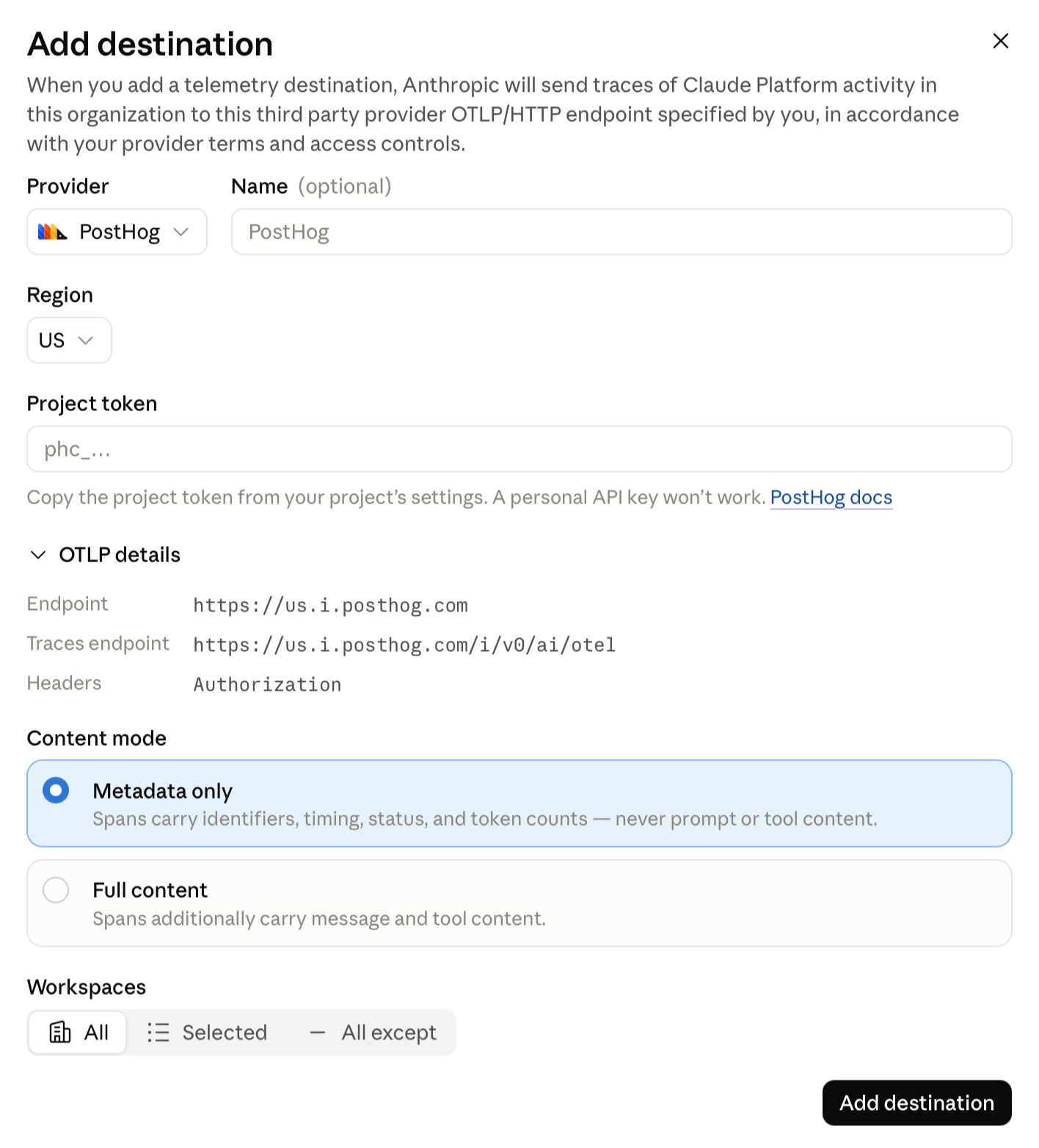 The Add destination form in the Claude Console with PostHog selected as the provider