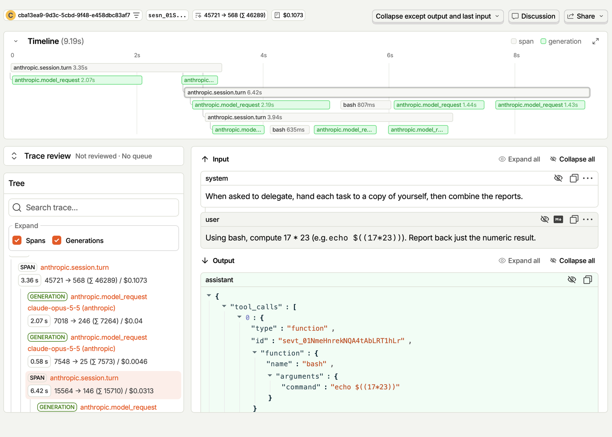 A Managed Agents trace in PostHog: session turns with model requests and bash tool uses on a timeline, and the turn input and output