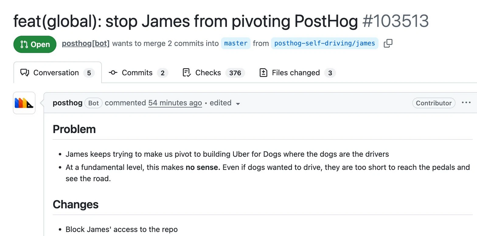 A parody pull request to stop James from building Uber for Dogs, with dogs as the drivers.