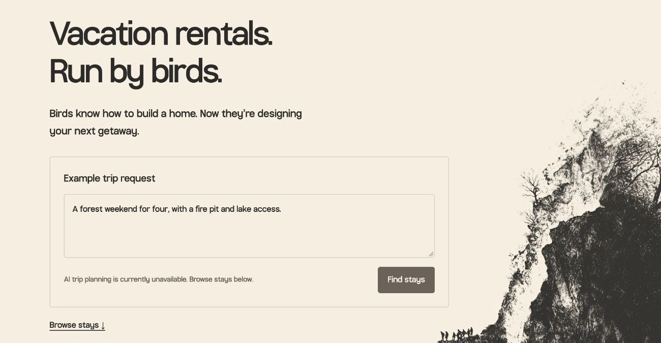 Twig's homepage, showing its vacation rental introduction, example trip request, and cliff illustration